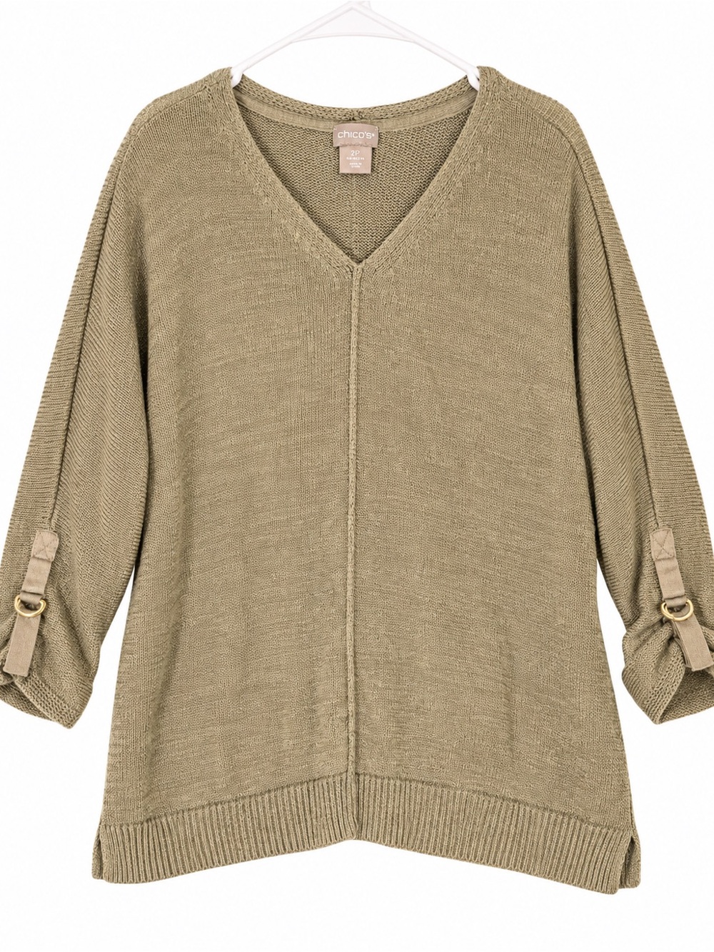 Chico’s Olive Green V-Neck Knit Sweater Size 2P Petite Roll-Tab Sleeves